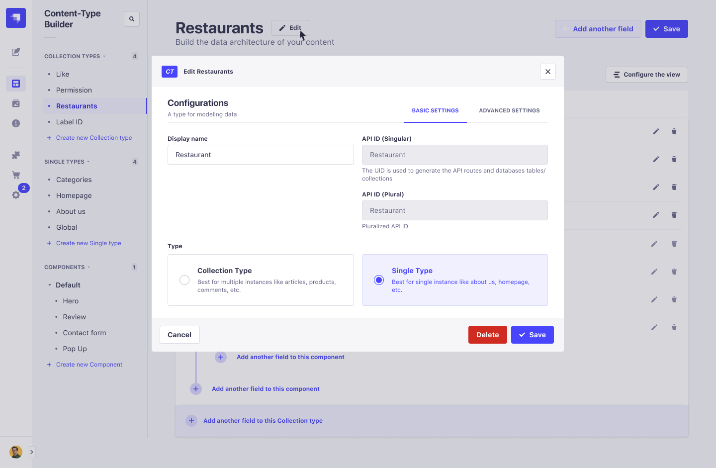 Content-type Builder's basic settings